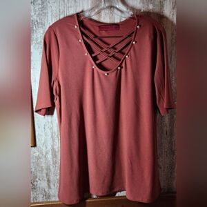 Elegant Rose Blouse with Crisscross and Pearl Accents